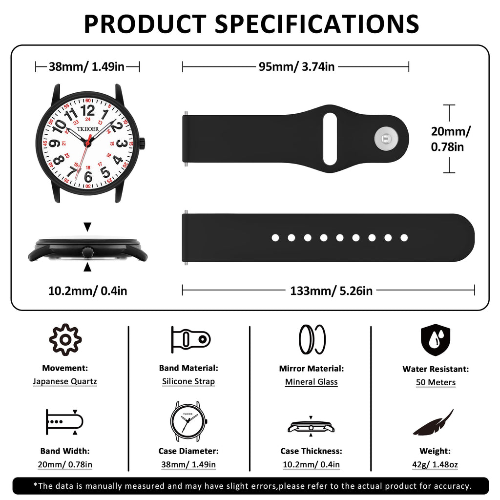 TKIIOER Nurse Watch for Nurse Medical Professionals Students Women Men, 50M Waterproof 12/24 Hour Military Time Luminous Easy Read Dial, Second Hand Watch for Nursing