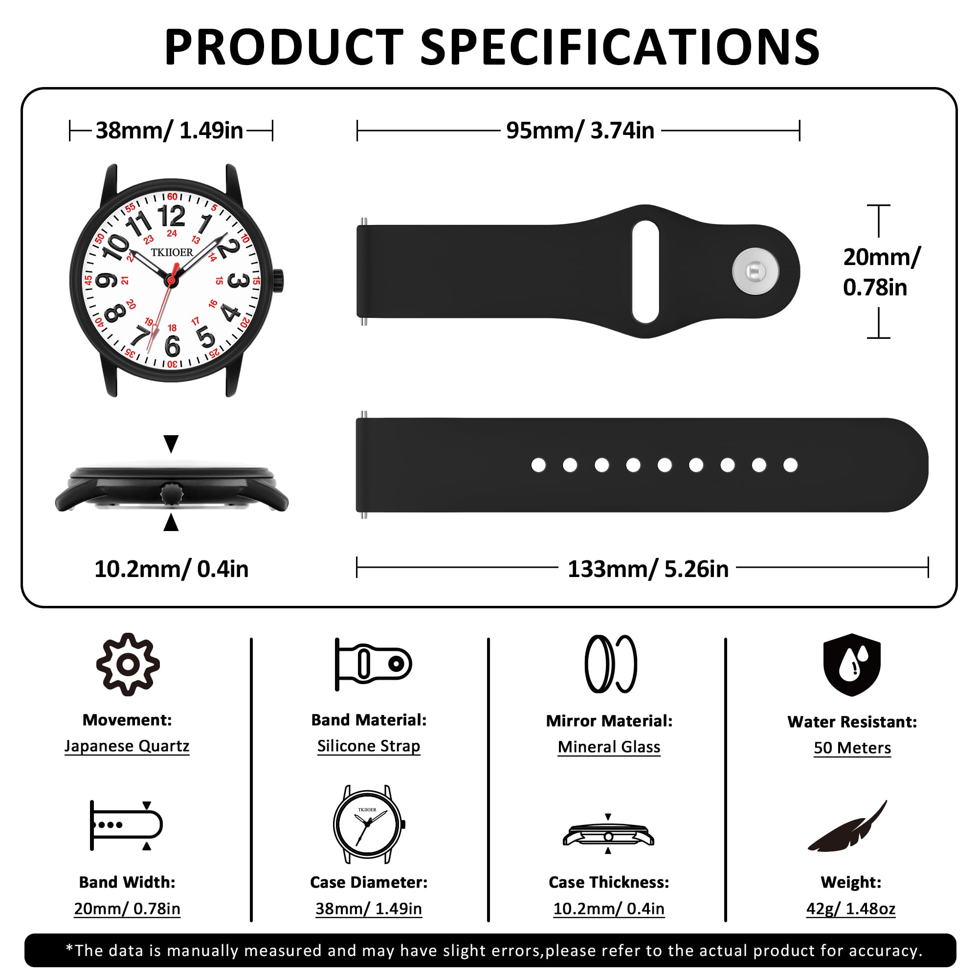 TKIIOER Nurse Watch for Nurse Medical Professionals Students Women Men, 50M Waterproof 12/24 Hour Military Time Luminous Easy Read Dial, Second Hand Watch for Nursing