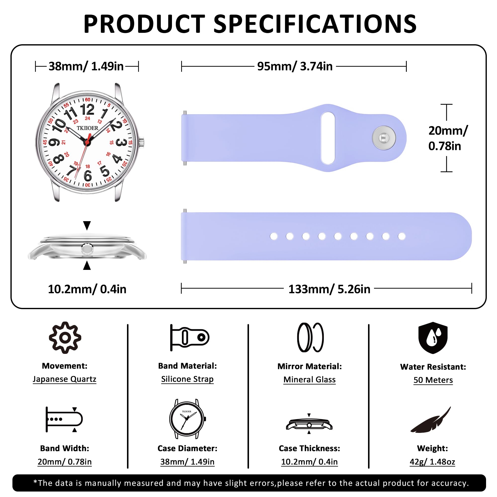 TKIIOER Nurse Watch for Nurse Medical Professionals Students Women Men, 50M Waterproof 12/24 Hour Military Time Luminous Easy Read Dial, Second Hand Watch for Nursing
