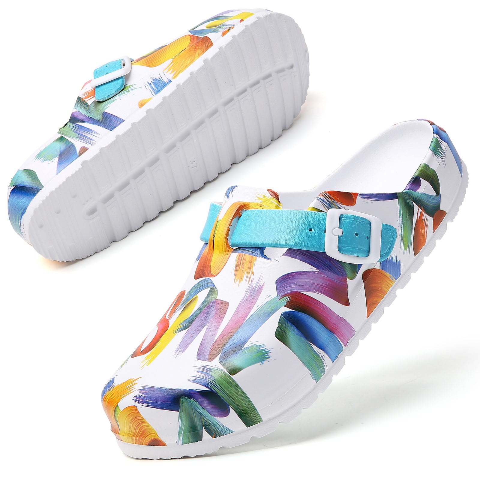 SECHRITE Womens Work Clogs Arch Support Slip-On Mules Slip Resistant Garden Nurse Chef Kitchen Shoes Cushioned Printed Sandals Slippers