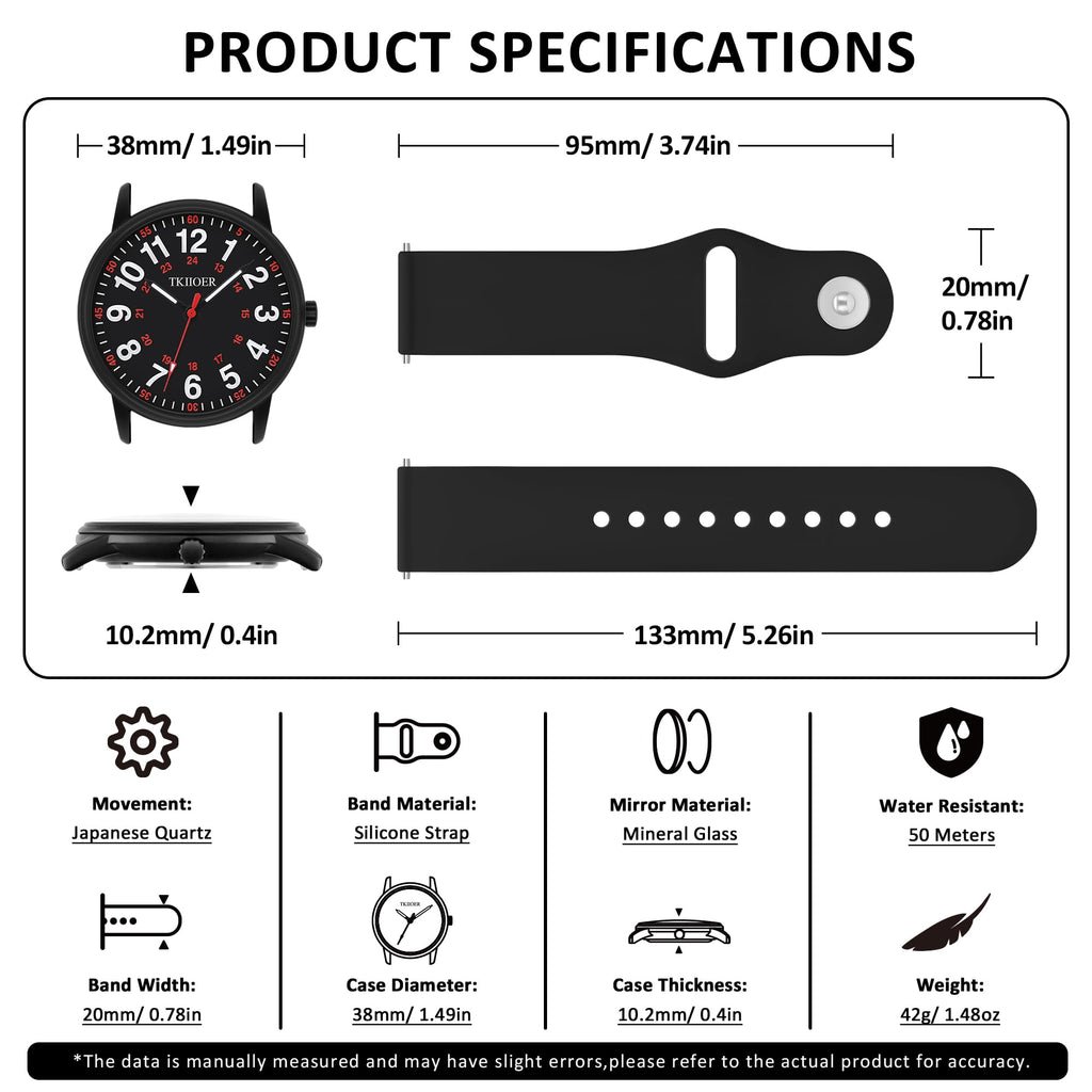 TKIIOER Nurse Watch for Nurse Medical Professionals Students Women Men, 50M Waterproof 12/24 Hour Military Time Luminous Easy Read Dial, Second Hand Watch for Nursing