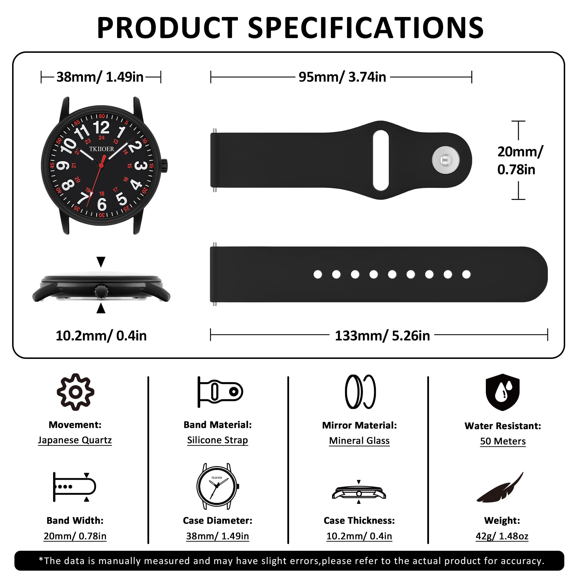 TKIIOER Nurse Watch for Nurse Medical Professionals Students Women Men, 50M Waterproof 12/24 Hour Military Time Luminous Easy Read Dial, Second Hand Watch for Nursing
