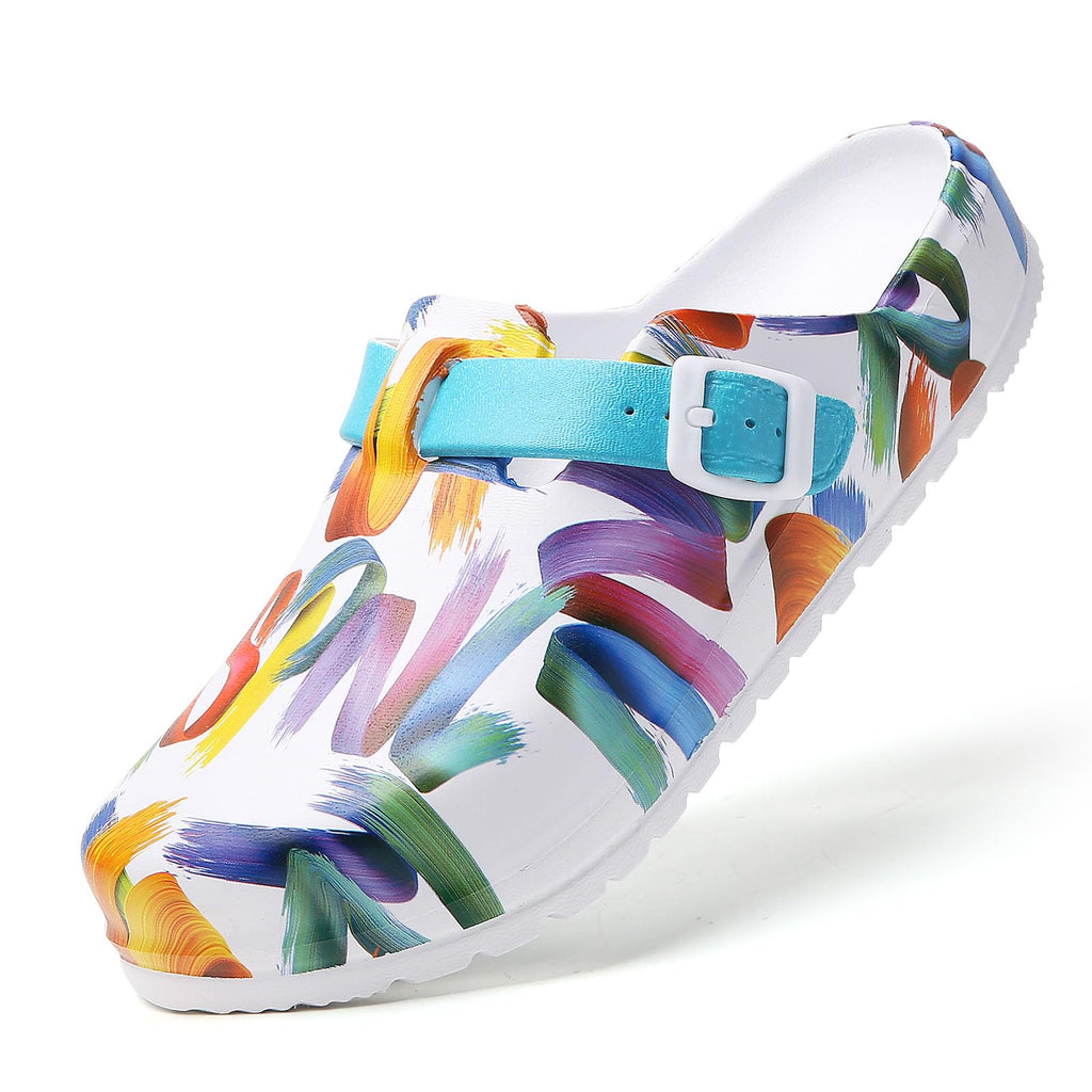 SECHRITE Womens Work Clogs Arch Support Slip-On Mules Slip Resistant Garden Nurse Chef Kitchen Shoes Cushioned Printed Sandals Slippers