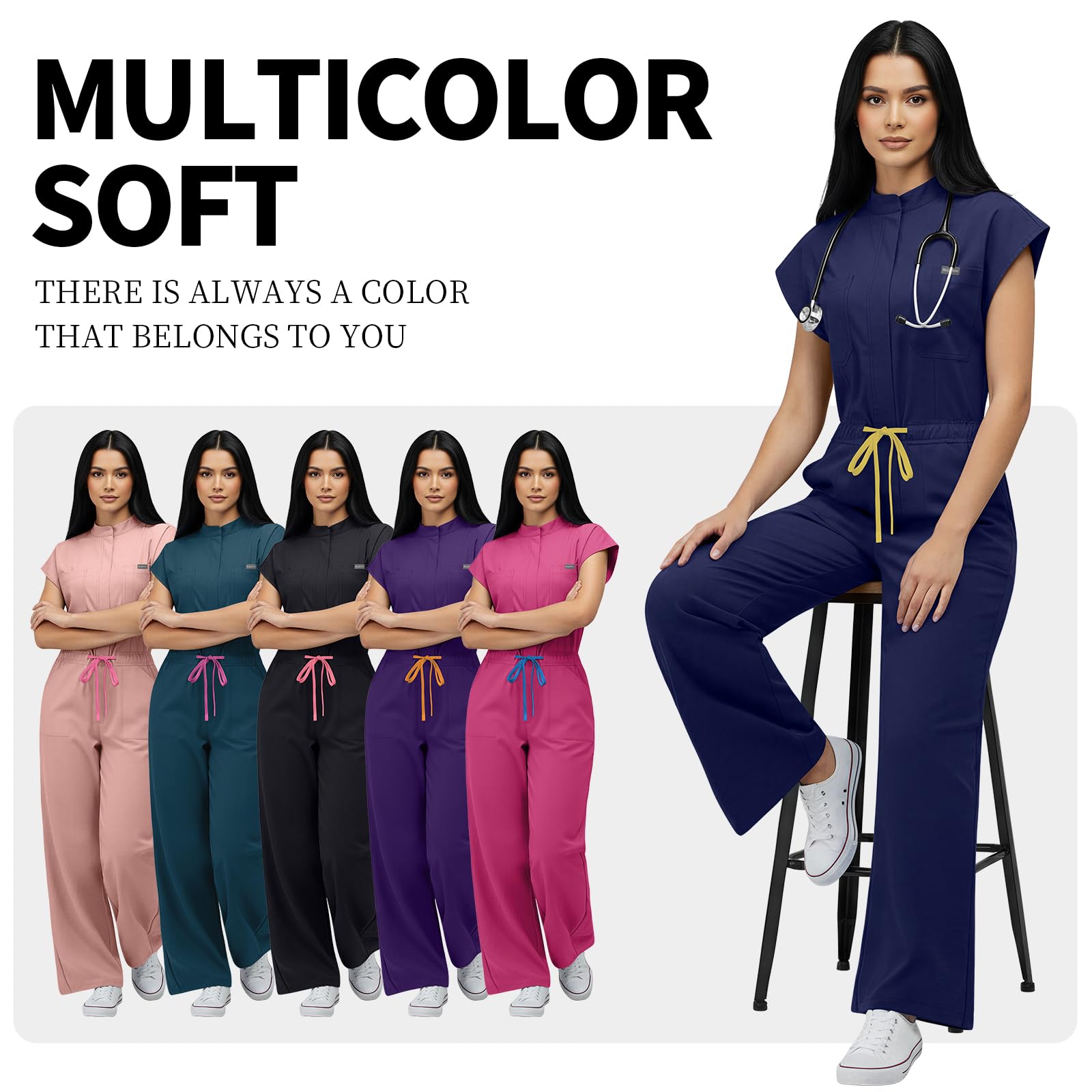 VIAOLI One-Piece Medical Scrub Jumpsuit for Women, Nursing Uniform with Hidden Zipper Front, Elastic Drawstring Waist