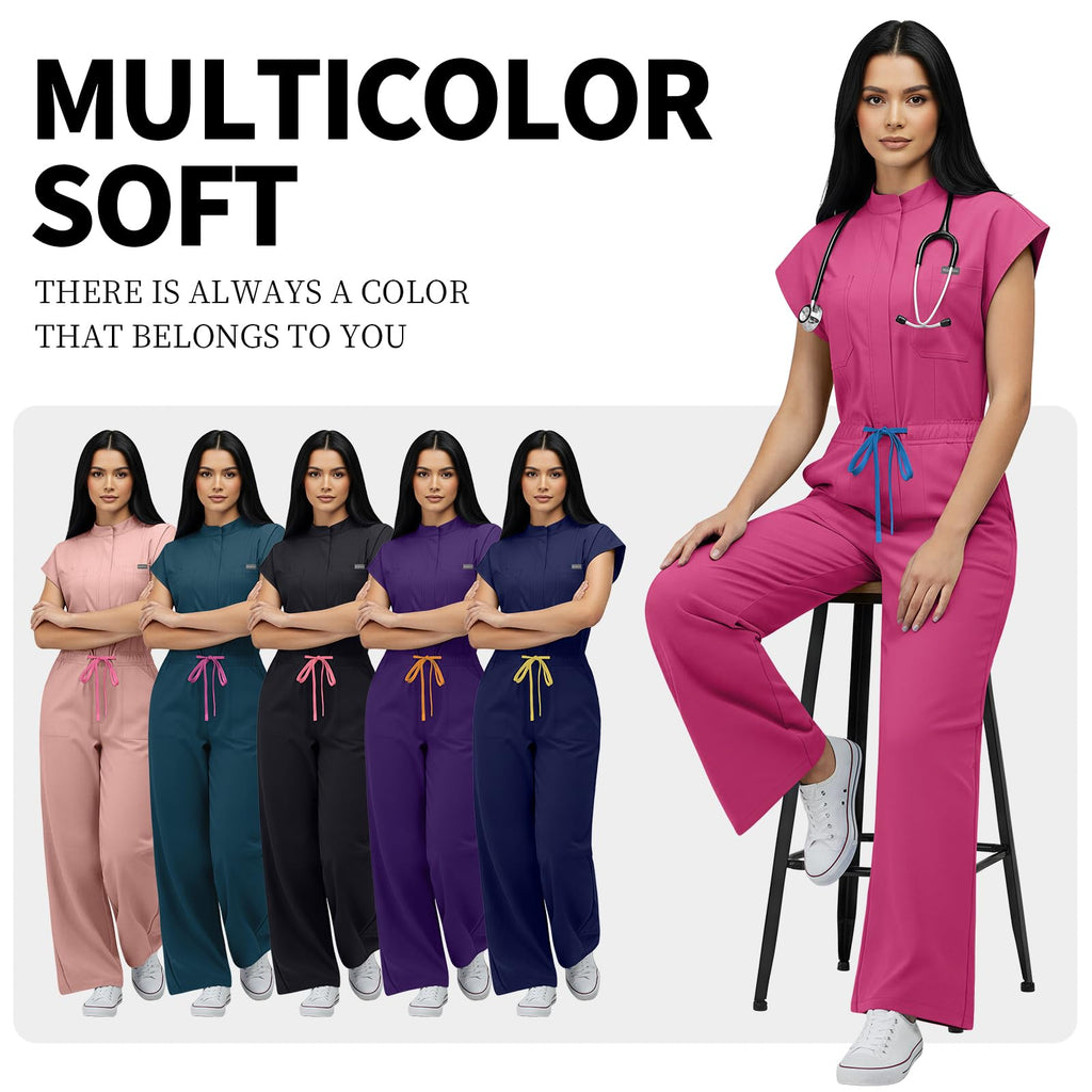 VIAOLI One-Piece Medical Scrub Jumpsuit for Women, Nursing Uniform with Hidden Zipper Front, Elastic Drawstring Waist