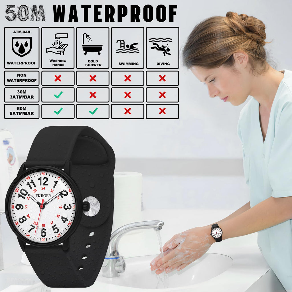 TKIIOER Nurse Watch for Nurse Medical Professionals Students Women Men, 50M Waterproof 12/24 Hour Military Time Luminous Easy Read Dial, Second Hand Watch for Nursing