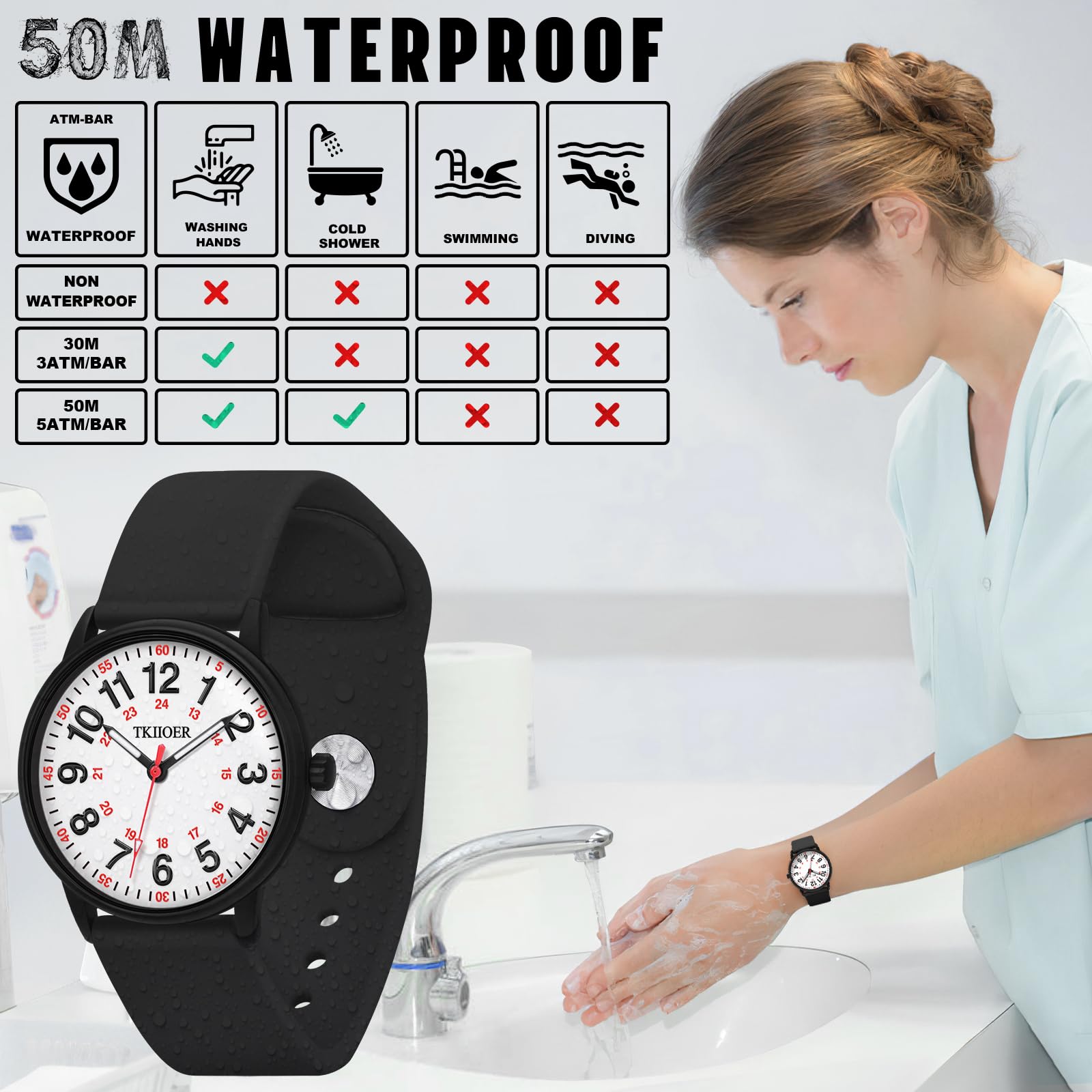 TKIIOER Nurse Watch for Nurse Medical Professionals Students Women Men, 50M Waterproof 12/24 Hour Military Time Luminous Easy Read Dial, Second Hand Watch for Nursing