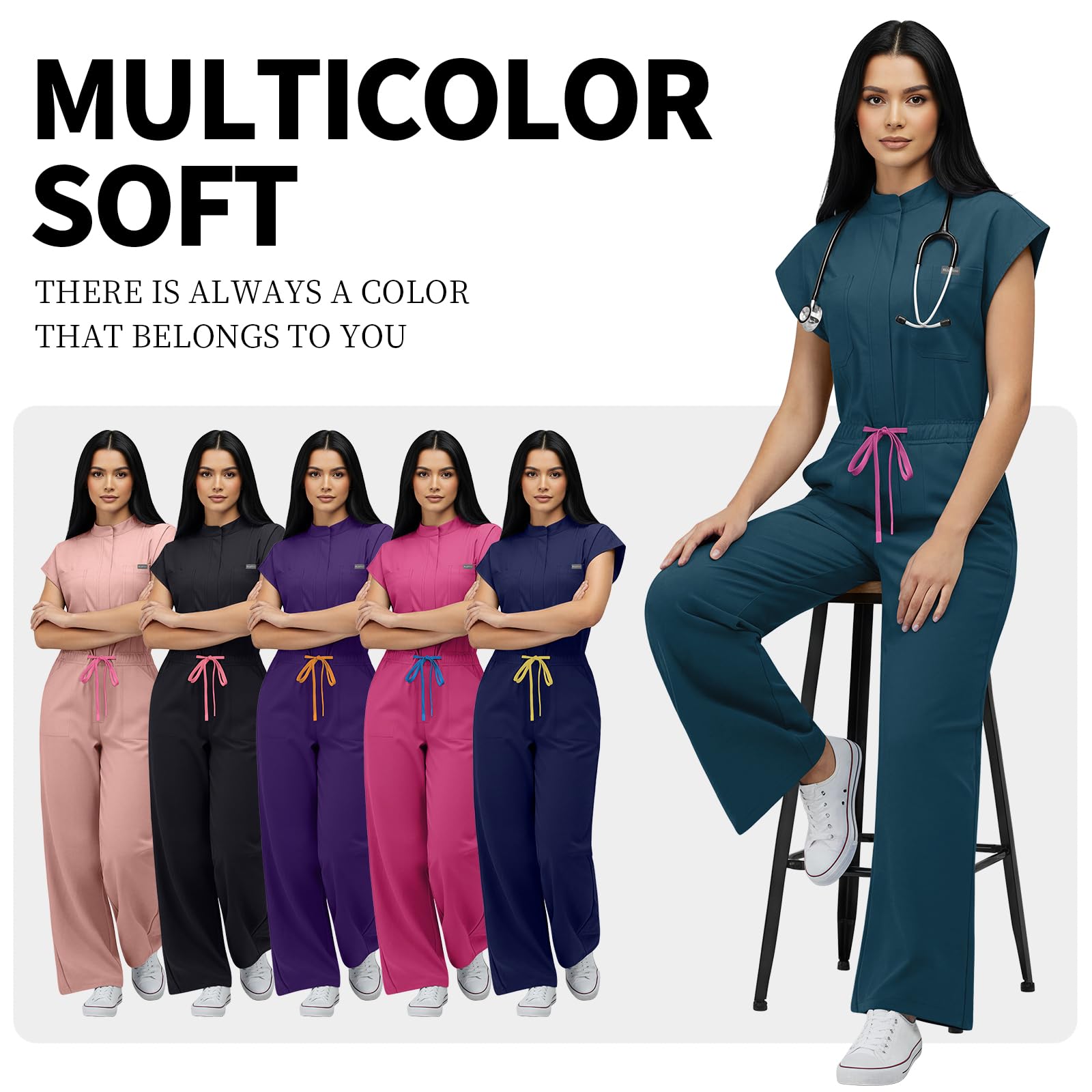 VIAOLI One-Piece Medical Scrub Jumpsuit for Women, Nursing Uniform with Hidden Zipper Front, Elastic Drawstring Waist