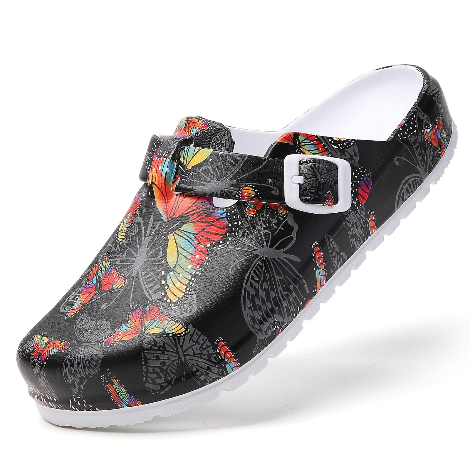 SECHRITE Womens Work Clogs Arch Support Slip-On Mules Slip Resistant Garden Nurse Chef Kitchen Shoes Cushioned Printed Sandals Slippers