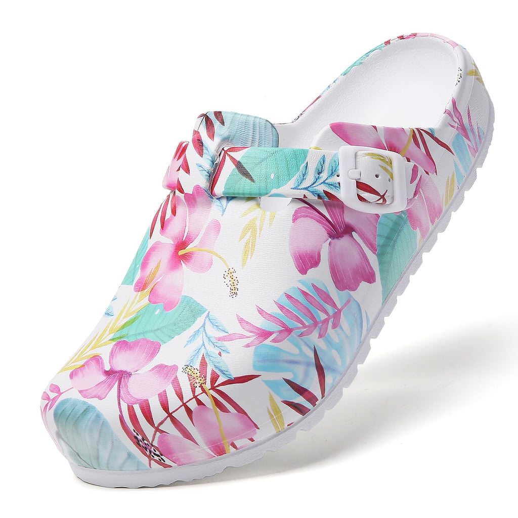SECHRITE Womens Work Clogs Arch Support Slip-On Mules Slip Resistant Garden Nurse Chef Kitchen Shoes Cushioned Printed Sandals Slippers