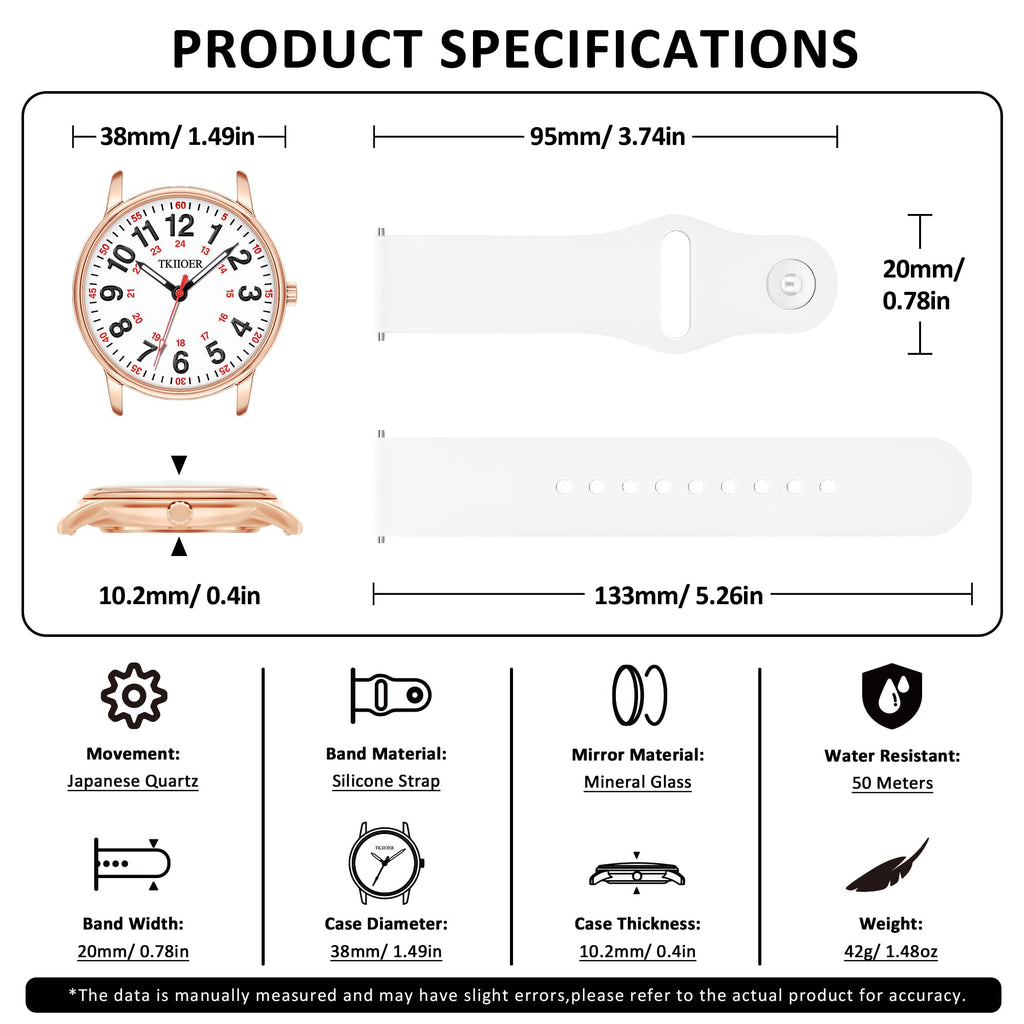 TKIIOER Nurse Watch for Nurse Medical Professionals Students Women Men, 50M Waterproof 12/24 Hour Military Time Luminous Easy Read Dial, Second Hand Watch for Nursing
