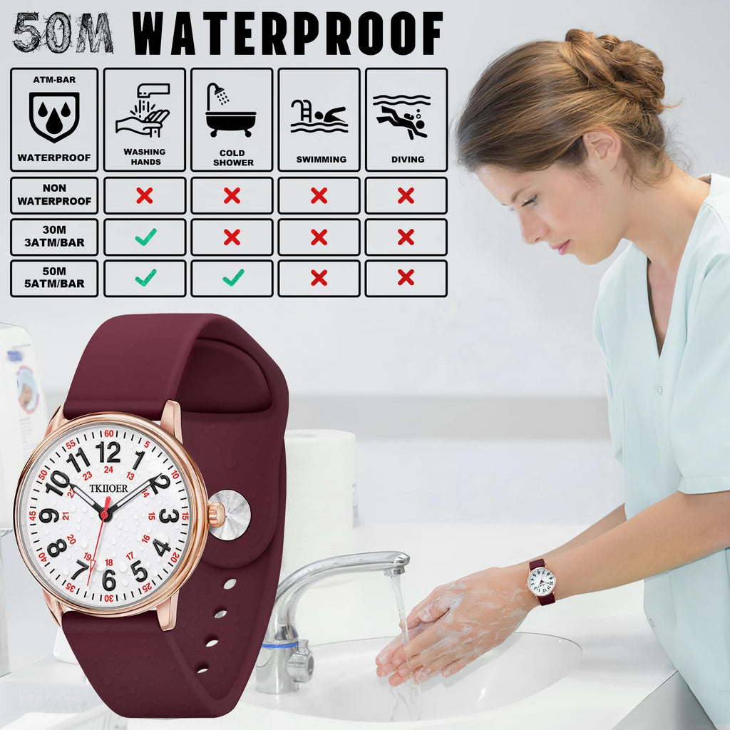 TKIIOER Nurse Watch for Nurse Medical Professionals Students Women Men, 50M Waterproof 12/24 Hour Military Time Luminous Easy Read Dial, Second Hand Watch for Nursing