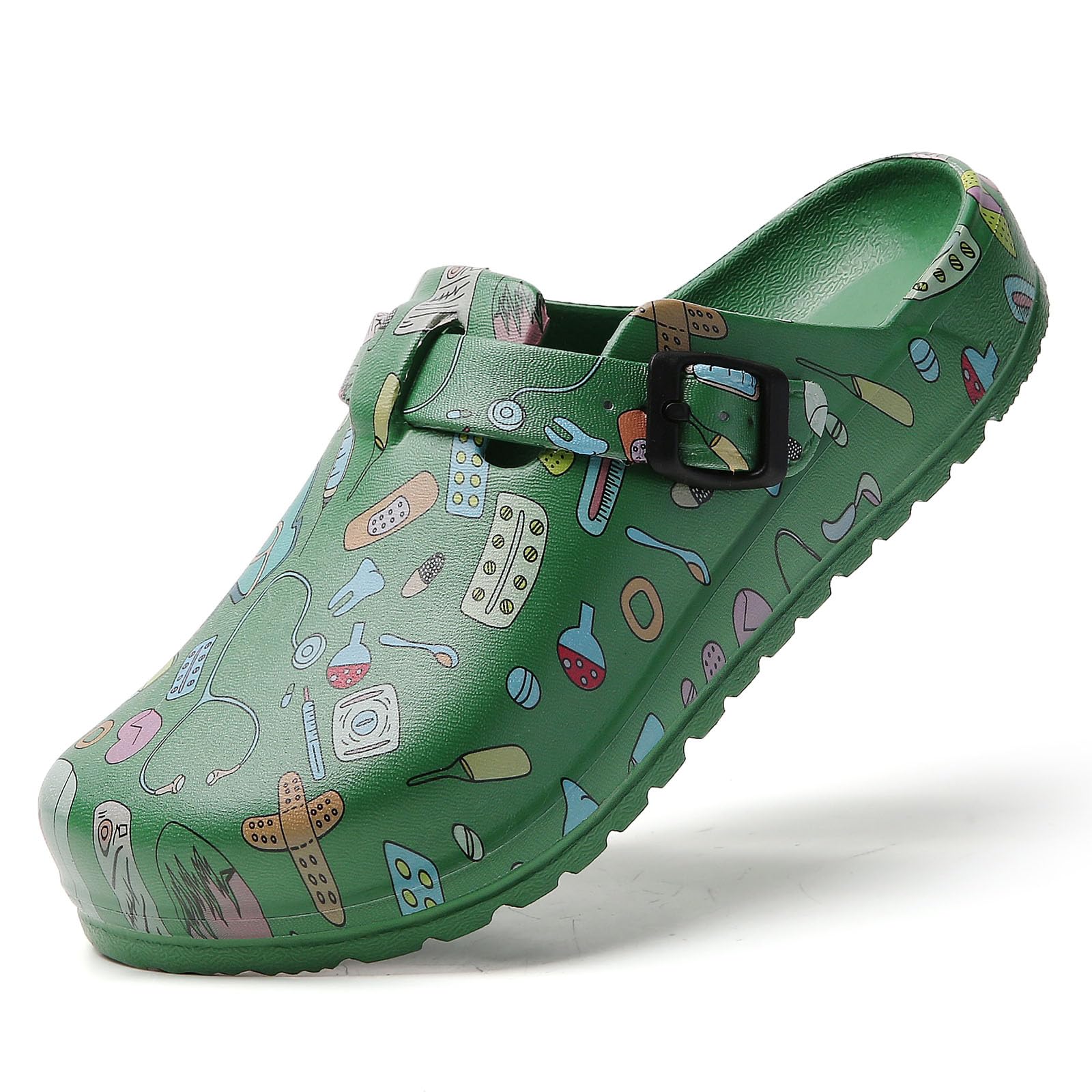 SECHRITE Womens Work Clogs Arch Support Slip-On Mules Slip Resistant Garden Nurse Chef Kitchen Shoes Cushioned Printed Sandals Slippers