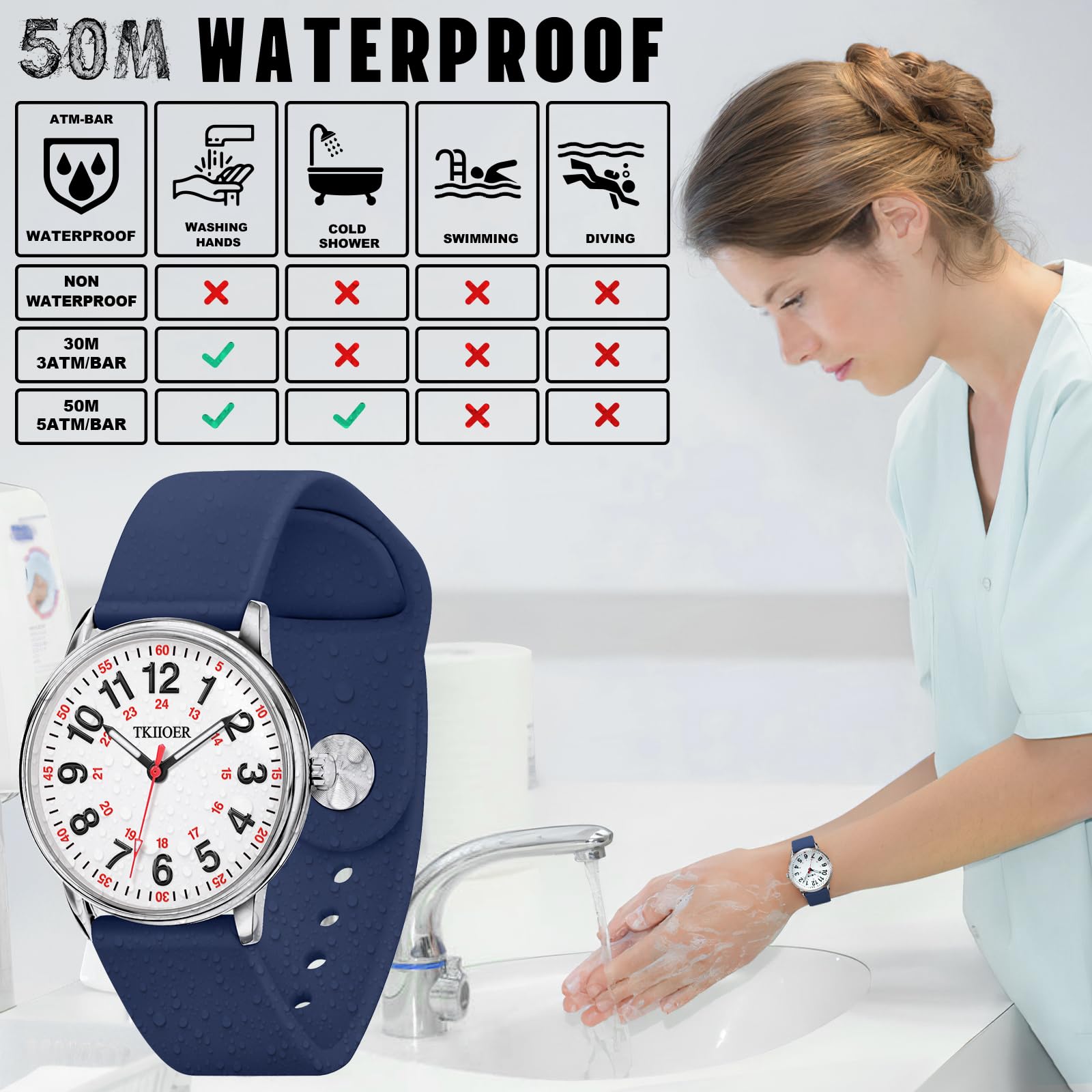 TKIIOER Nurse Watch for Nurse Medical Professionals Students Women Men, 50M Waterproof 12/24 Hour Military Time Luminous Easy Read Dial, Second Hand Watch for Nursing
