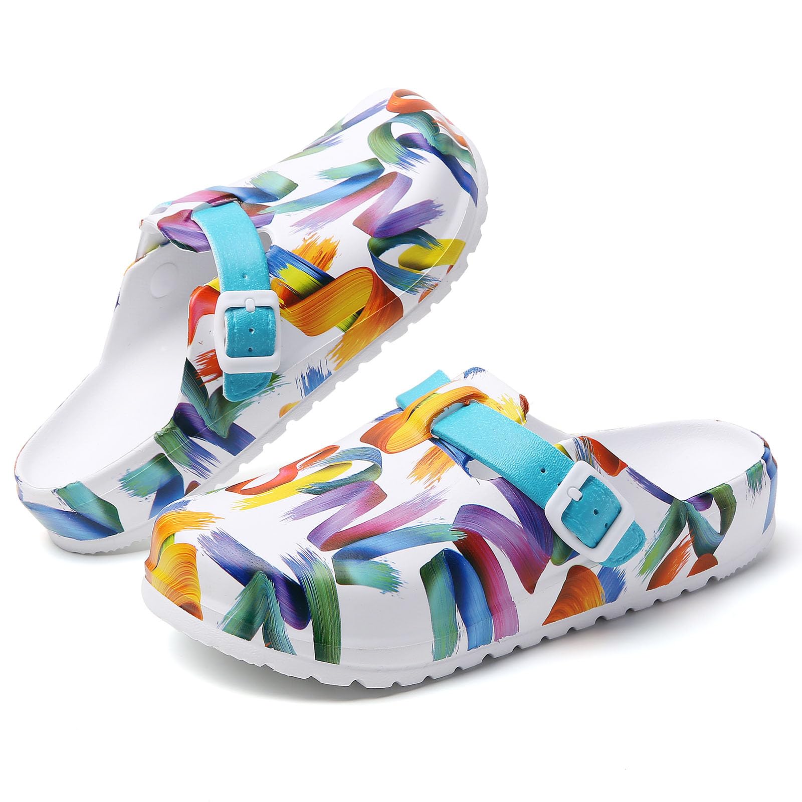 SECHRITE Womens Work Clogs Arch Support Slip-On Mules Slip Resistant Garden Nurse Chef Kitchen Shoes Cushioned Printed Sandals Slippers