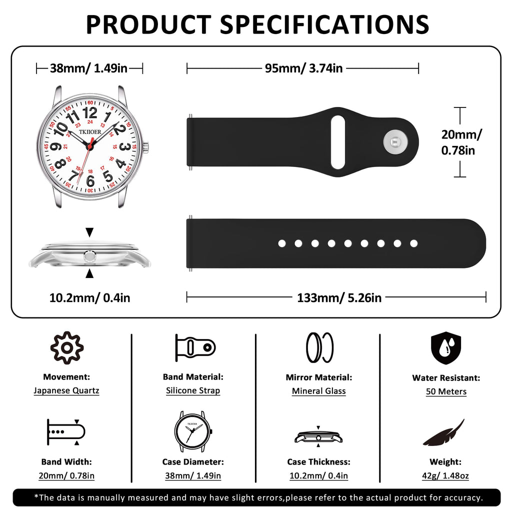 TKIIOER Nurse Watch for Nurse Medical Professionals Students Women Men, 50M Waterproof 12/24 Hour Military Time Luminous Easy Read Dial, Second Hand Watch for Nursing