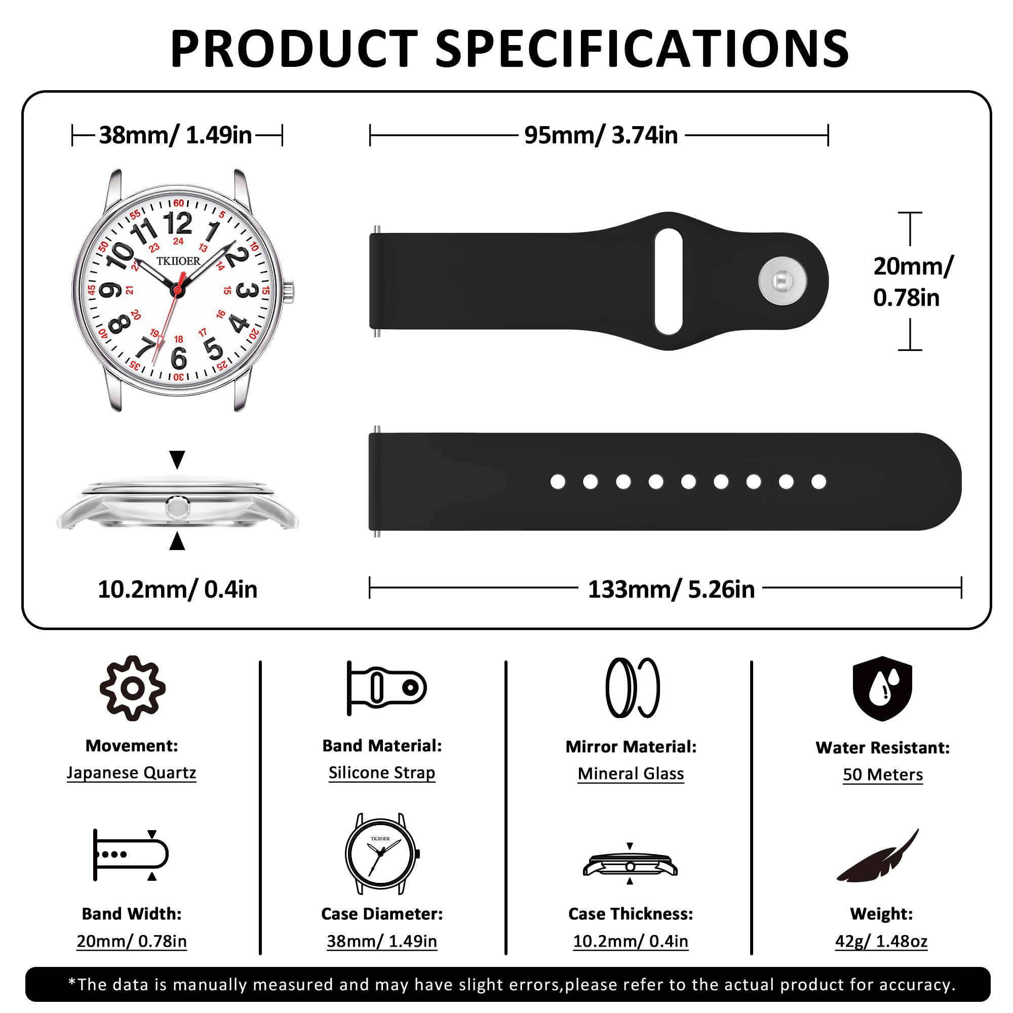 TKIIOER Nurse Watch for Nurse Medical Professionals Students Women Men, 50M Waterproof 12/24 Hour Military Time Luminous Easy Read Dial, Second Hand Watch for Nursing