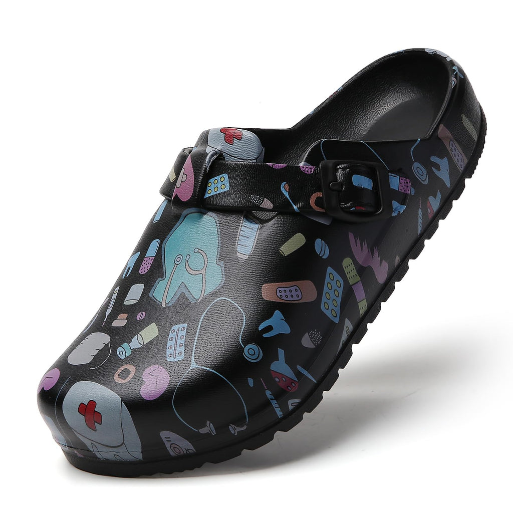 SECHRITE Womens Work Clogs Arch Support Slip-On Mules Slip Resistant Garden Nurse Chef Kitchen Shoes Cushioned Printed Sandals Slippers