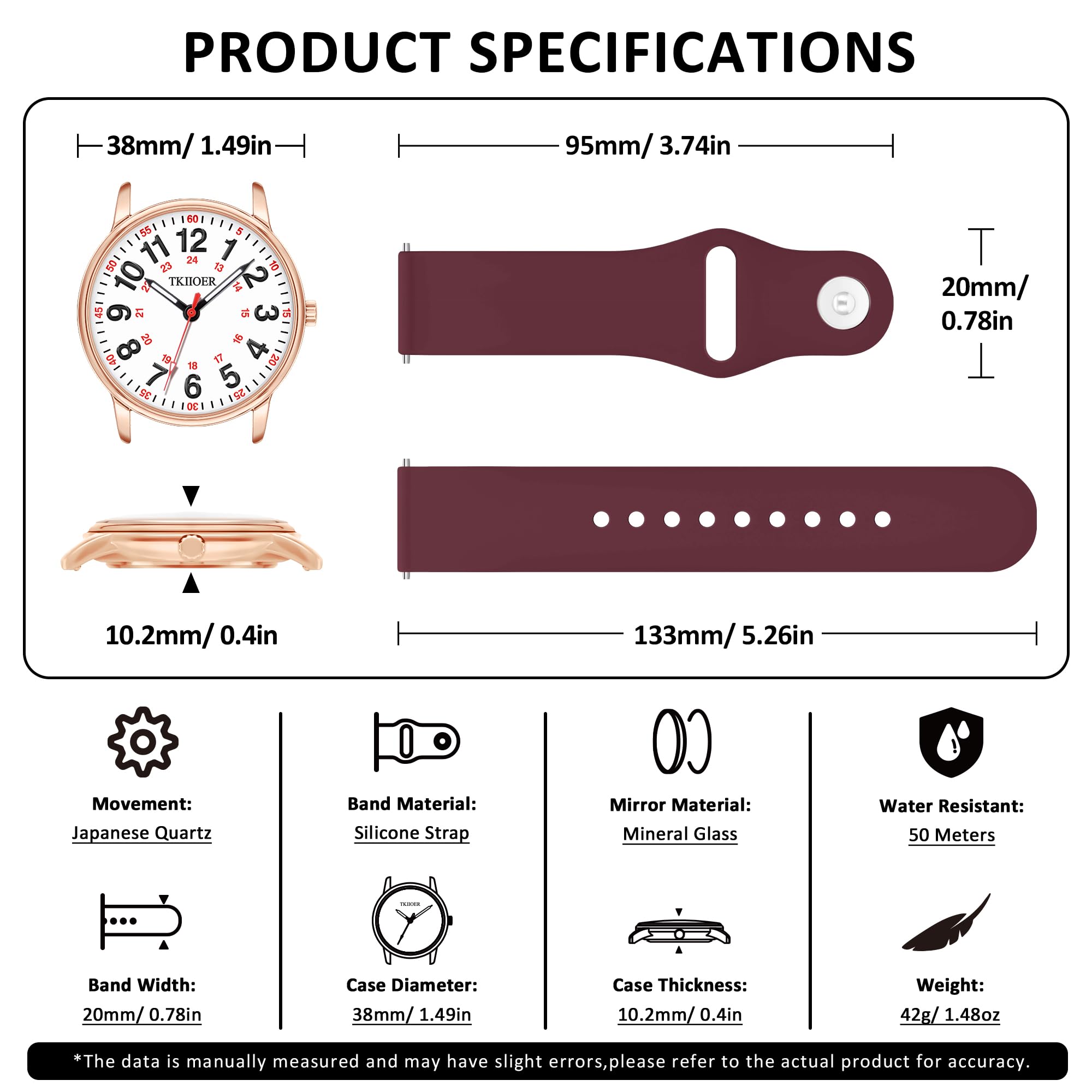 TKIIOER Nurse Watch for Nurse Medical Professionals Students Women Men, 50M Waterproof 12/24 Hour Military Time Luminous Easy Read Dial, Second Hand Watch for Nursing