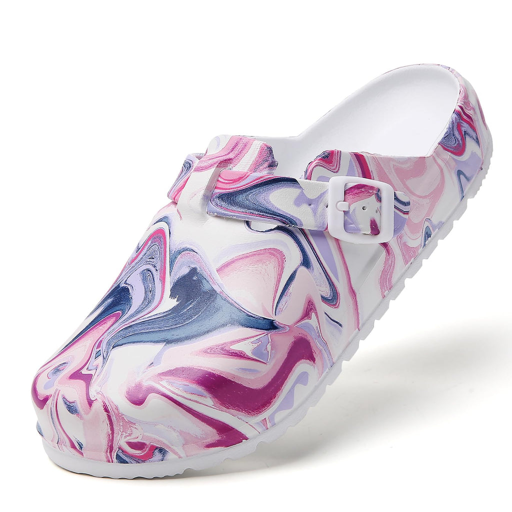 SECHRITE Womens Work Clogs Arch Support Slip-On Mules Slip Resistant Garden Nurse Chef Kitchen Shoes Cushioned Printed Sandals Slippers