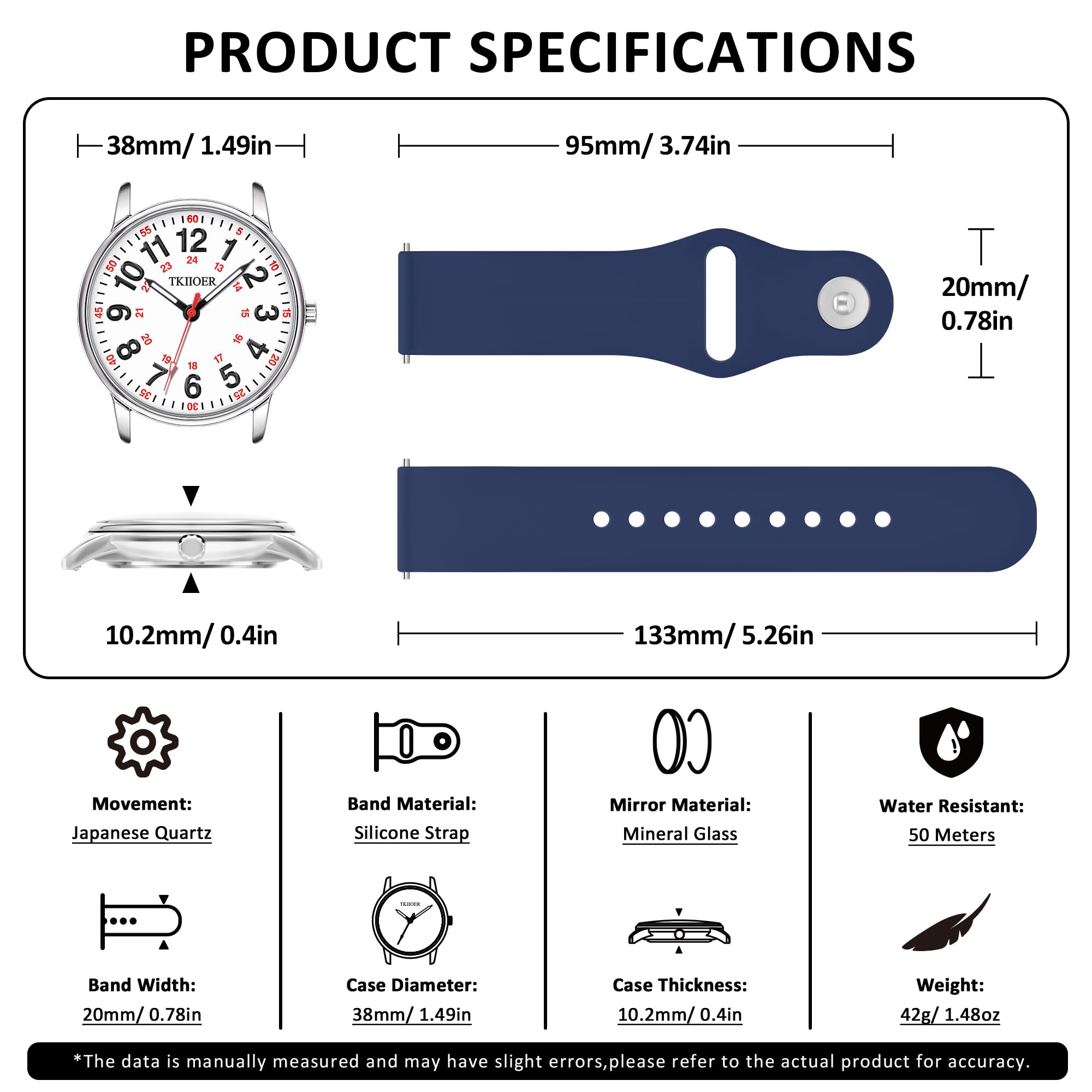 TKIIOER Nurse Watch for Nurse Medical Professionals Students Women Men, 50M Waterproof 12/24 Hour Military Time Luminous Easy Read Dial, Second Hand Watch for Nursing