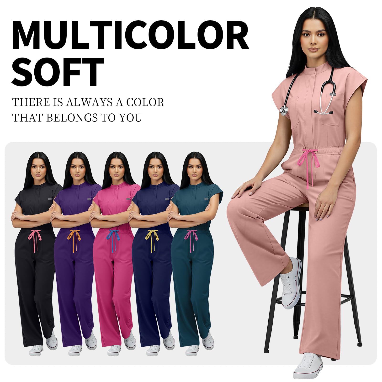 VIAOLI One-Piece Medical Scrub Jumpsuit for Women, Nursing Uniform with Hidden Zipper Front, Elastic Drawstring Waist