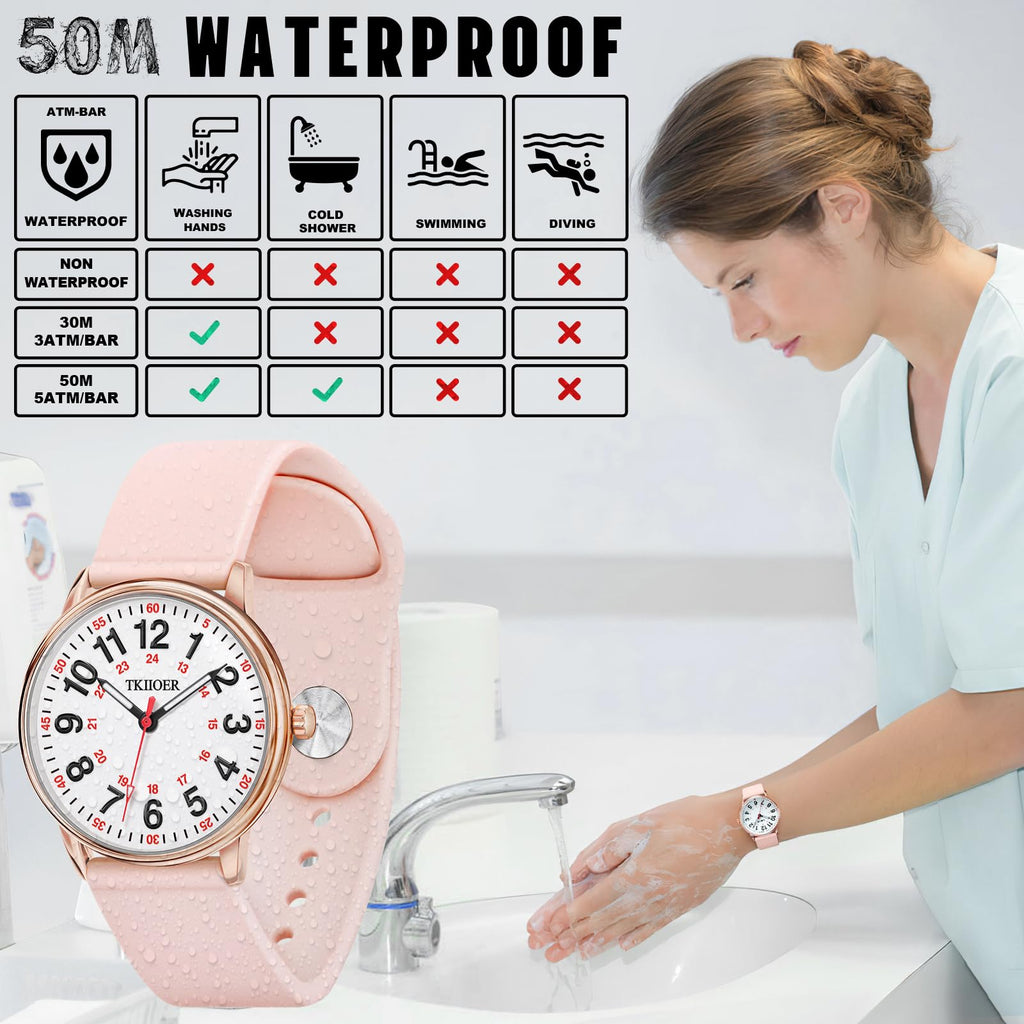 TKIIOER Nurse Watch for Nurse Medical Professionals Students Women Men, 50M Waterproof 12/24 Hour Military Time Luminous Easy Read Dial, Second Hand Watch for Nursing