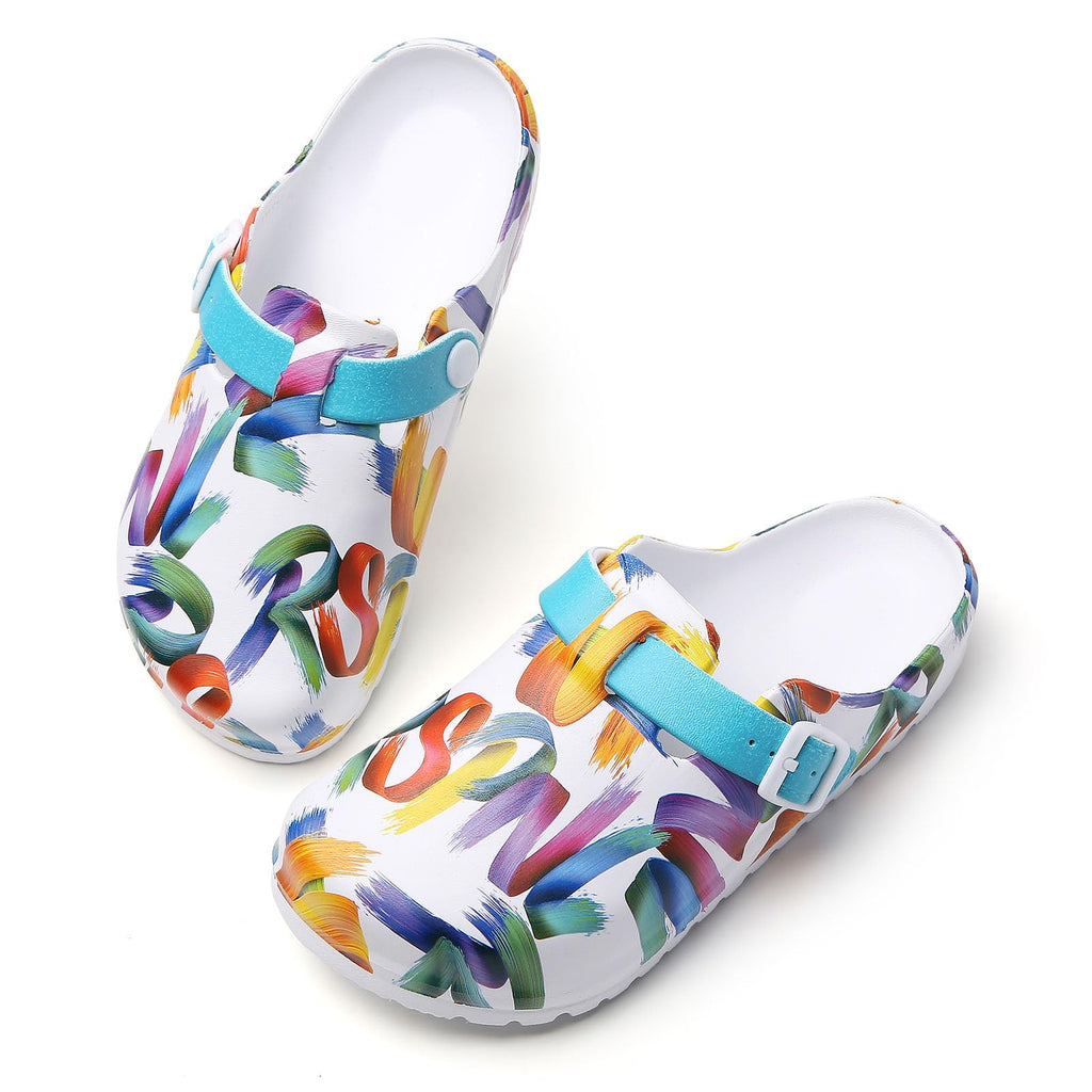 SECHRITE Womens Work Clogs Arch Support Slip-On Mules Slip Resistant Garden Nurse Chef Kitchen Shoes Cushioned Printed Sandals Slippers