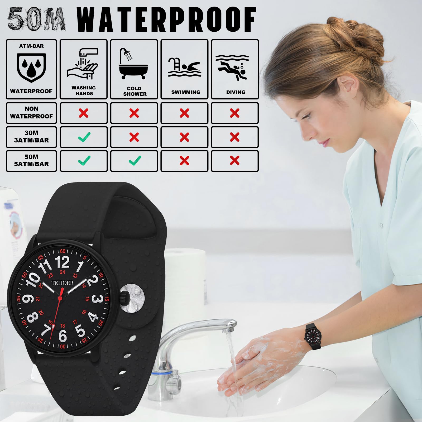 TKIIOER Nurse Watch for Nurse Medical Professionals Students Women Men, 50M Waterproof 12/24 Hour Military Time Luminous Easy Read Dial, Second Hand Watch for Nursing