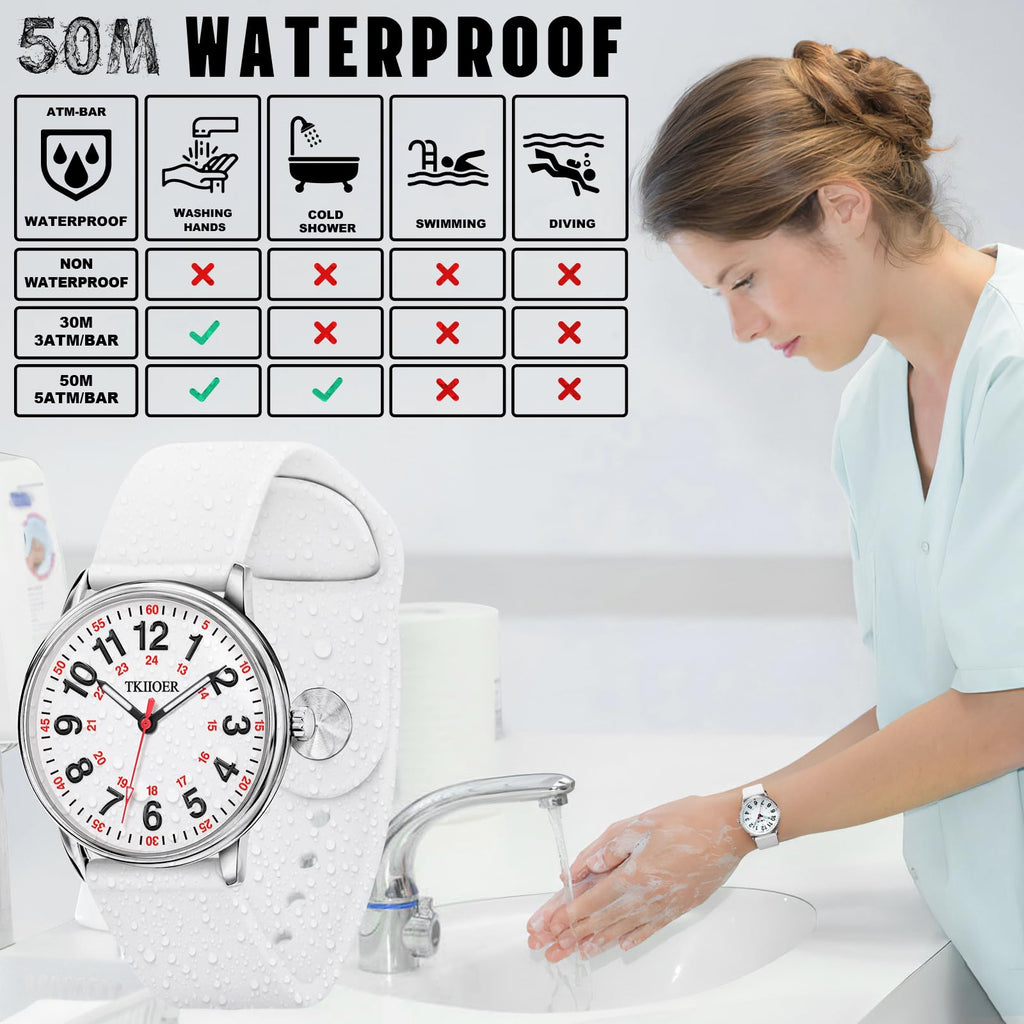 TKIIOER Nurse Watch for Nurse Medical Professionals Students Women Men, 50M Waterproof 12/24 Hour Military Time Luminous Easy Read Dial, Second Hand Watch for Nursing