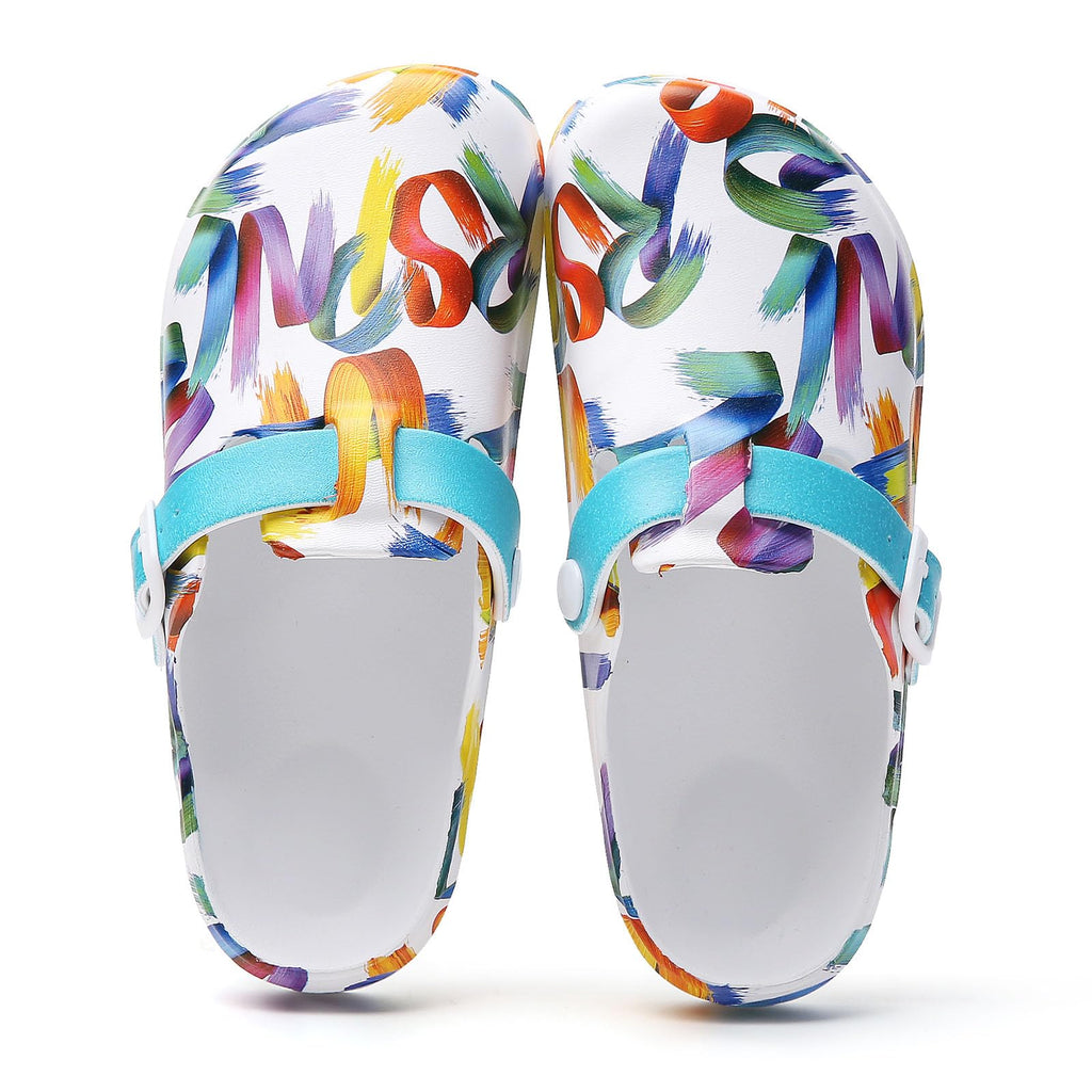 SECHRITE Womens Work Clogs Arch Support Slip-On Mules Slip Resistant Garden Nurse Chef Kitchen Shoes Cushioned Printed Sandals Slippers
