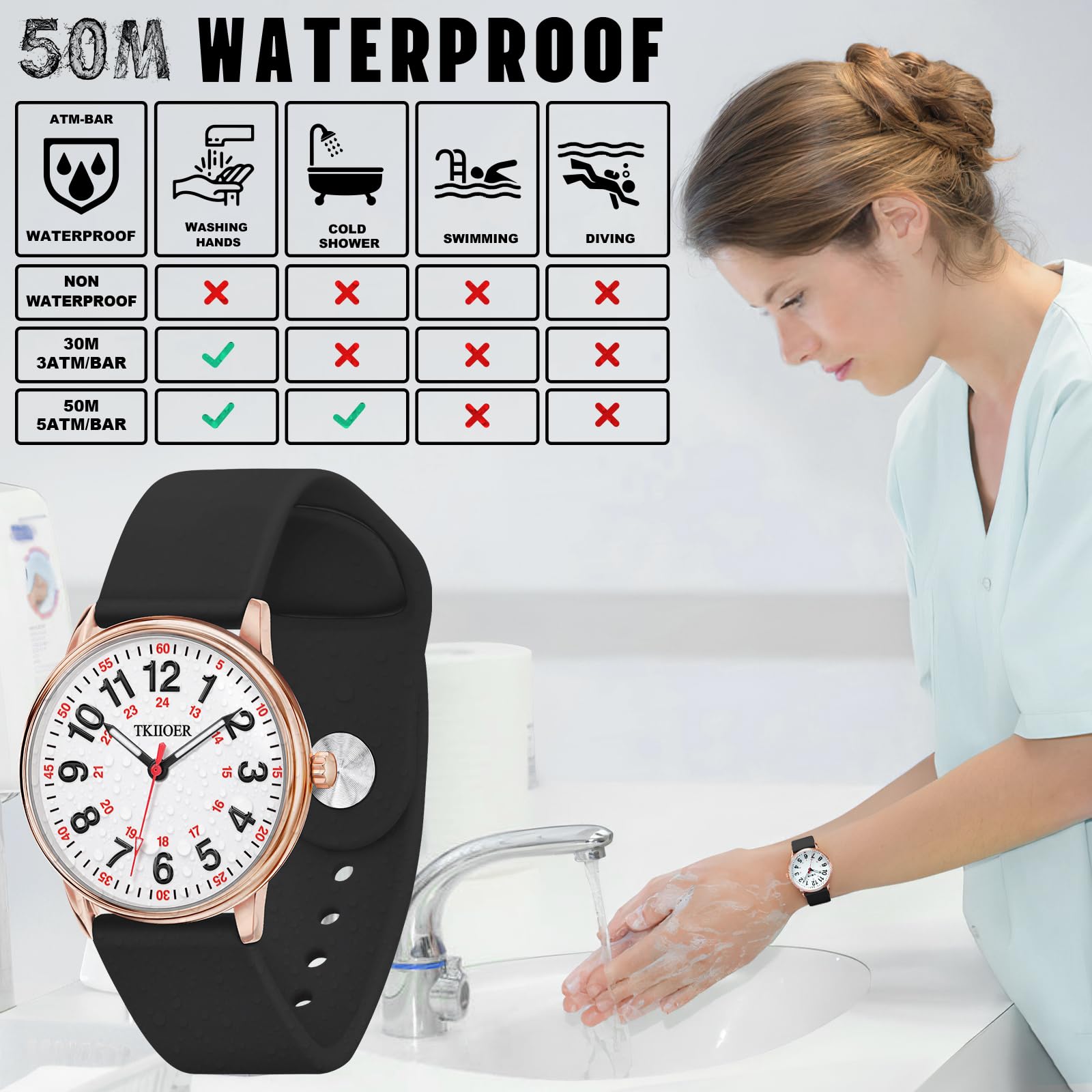 TKIIOER Nurse Watch for Nurse Medical Professionals Students Women Men, 50M Waterproof 12/24 Hour Military Time Luminous Easy Read Dial, Second Hand Watch for Nursing