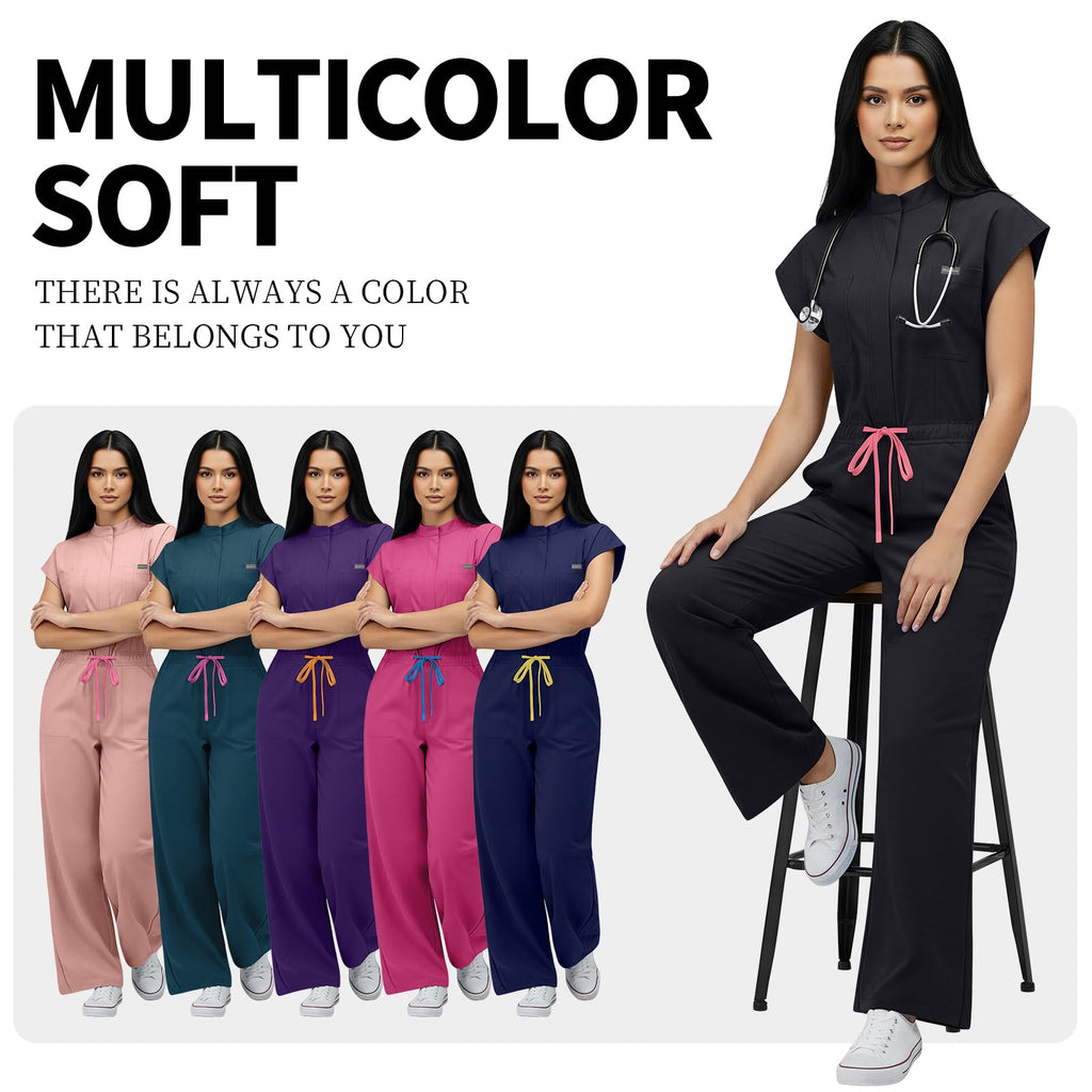 VIAOLI One-Piece Medical Scrub Jumpsuit for Women, Nursing Uniform with Hidden Zipper Front, Elastic Drawstring Waist