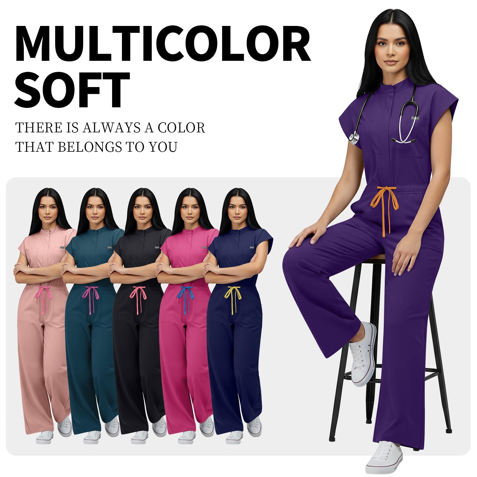 VIAOLI One-Piece Medical Scrub Jumpsuit for Women, Nursing Uniform with Hidden Zipper Front, Elastic Drawstring Waist