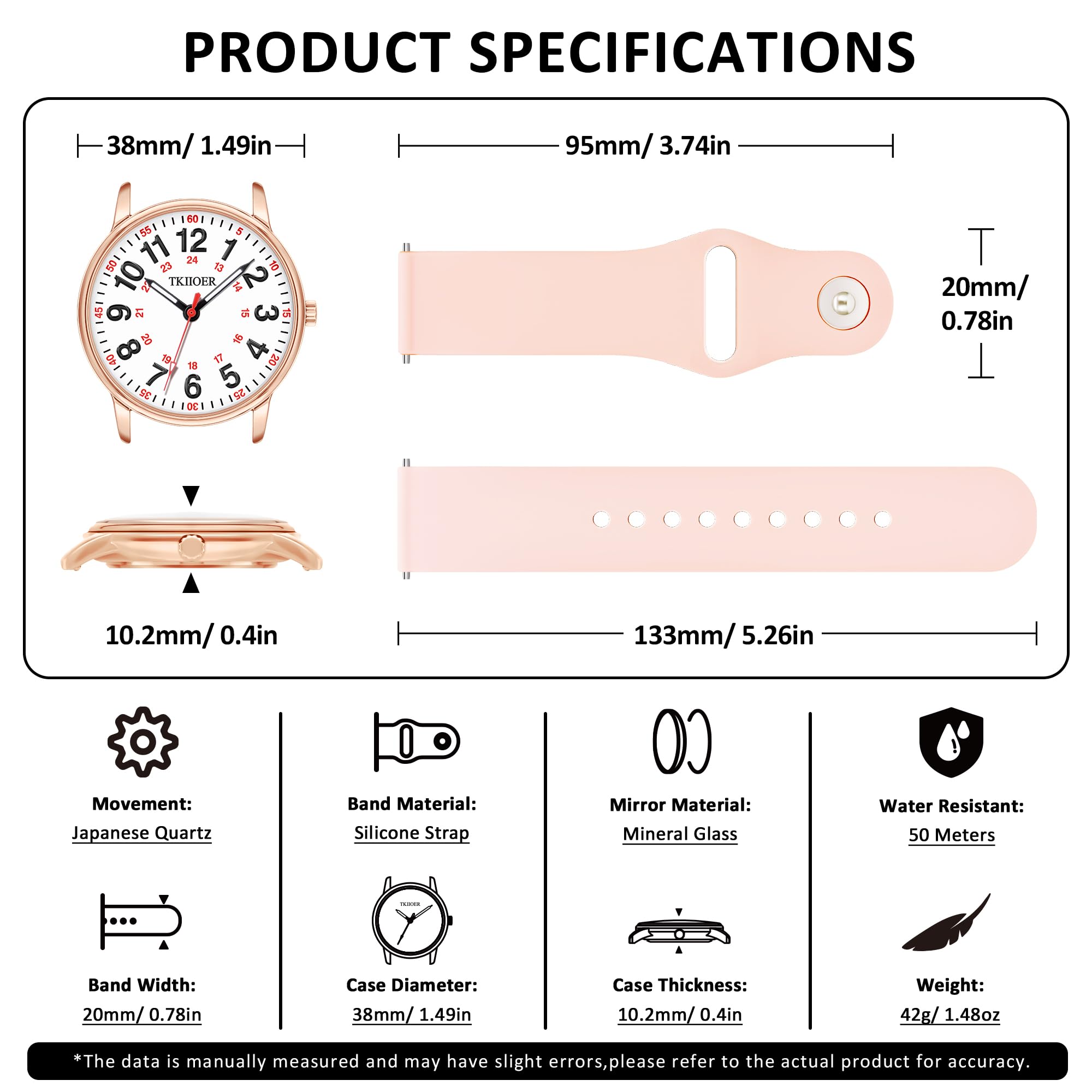 TKIIOER Nurse Watch for Nurse Medical Professionals Students Women Men, 50M Waterproof 12/24 Hour Military Time Luminous Easy Read Dial, Second Hand Watch for Nursing