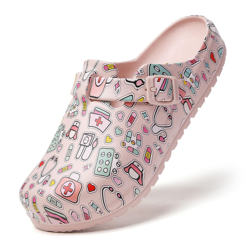 SECHRITE Womens Work Clogs Arch Support Slip-On Mules Slip Resistant Garden Nurse Chef Kitchen Shoes Cushioned Printed Sandals Slippers