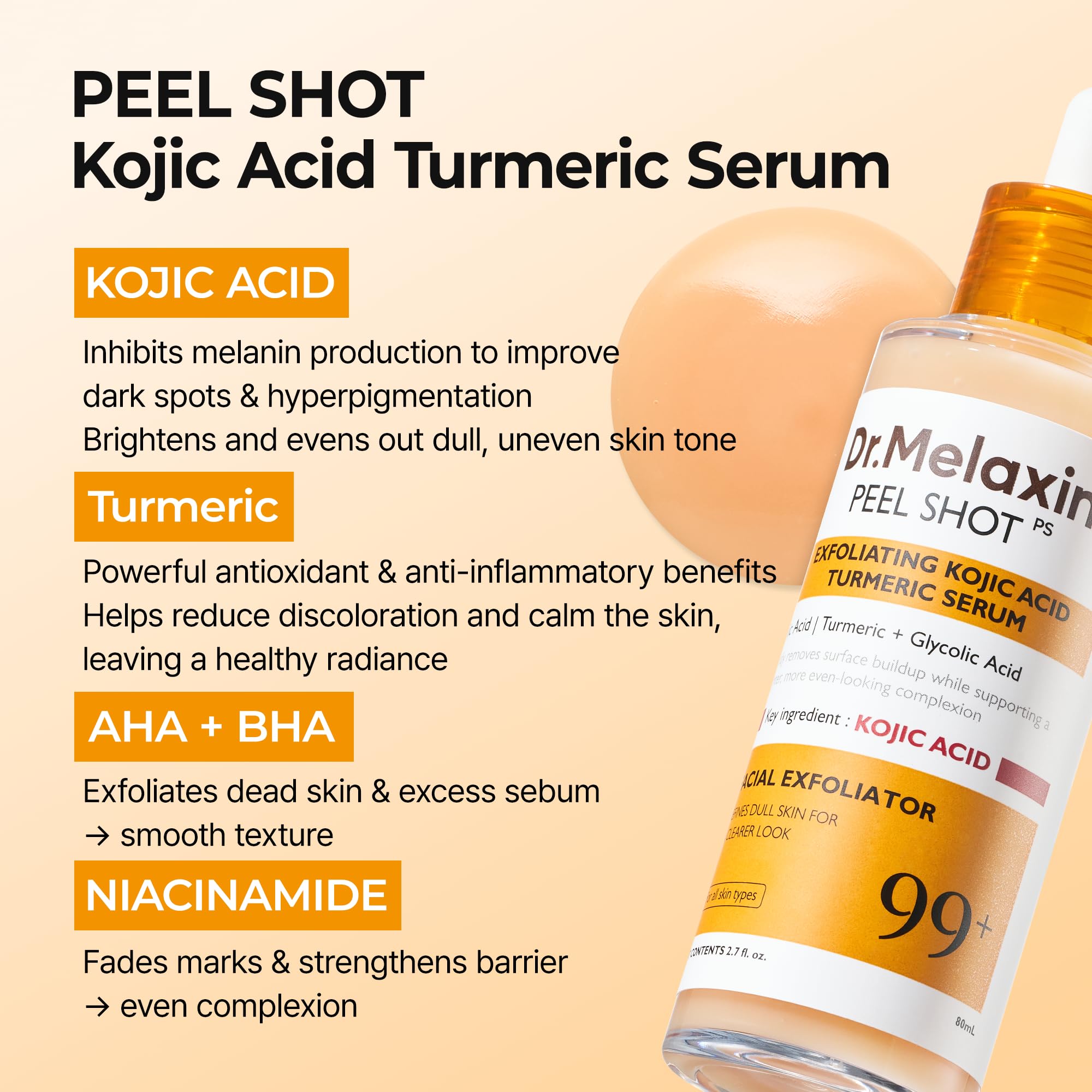 Dr. Melaxin Peel Shot Kojic Acid Turmeric Serum – Exfoliating Dark Spot Corrector with AHA/BHA & Niacinamide, Brightening & Even Tone Facial Serum (80ml / 2.70 fl oz)